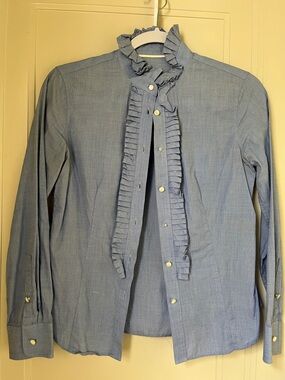 Vintage Blue Ruffled Front Button-Up Blouse Size 2P Pearlized Buttons Tuxedo